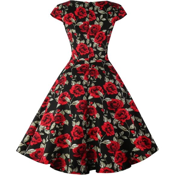 Women Black Cap Sleeve 1950s Retro Vintage Cocktail Swing Dresses with Pocket - Picture 3 of 4